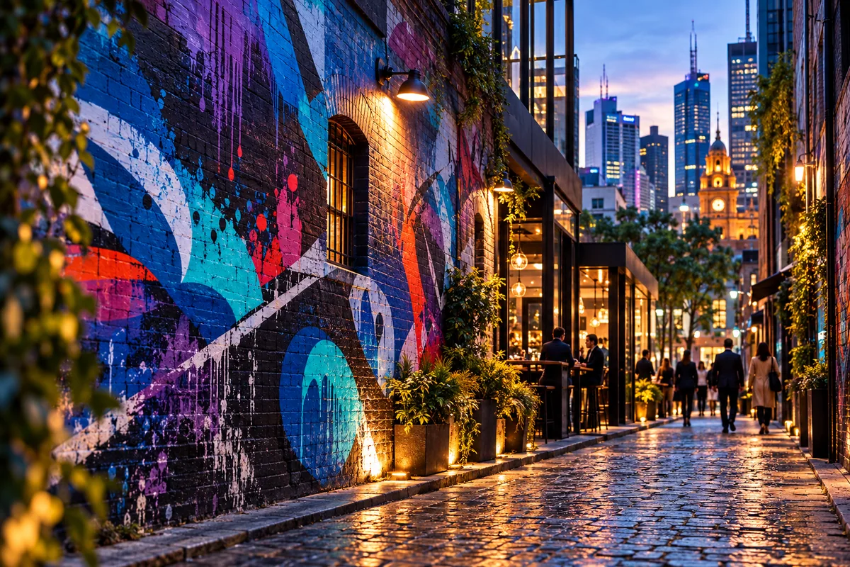 A Melbourne-inspired laneway with colourful abstract street art and warm evening lighting.