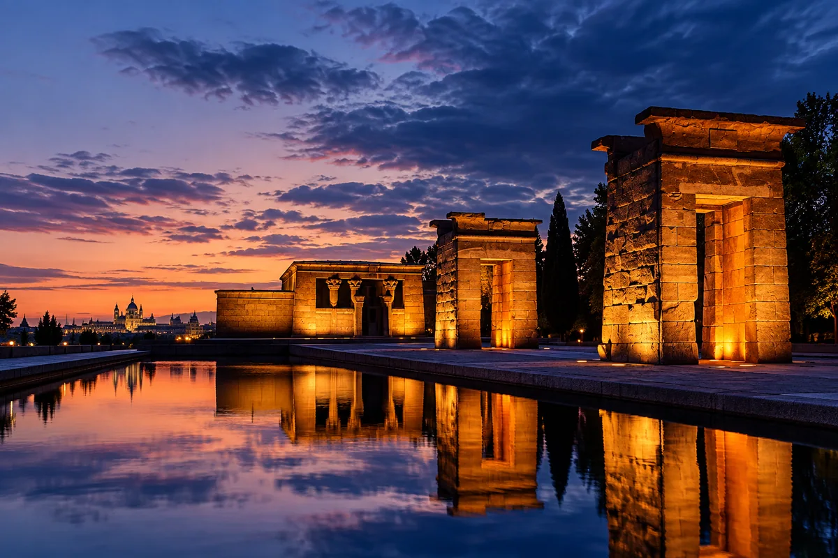 Illuminated stone monuments at Madrid's Temple of Debod beside a reflecting pool.