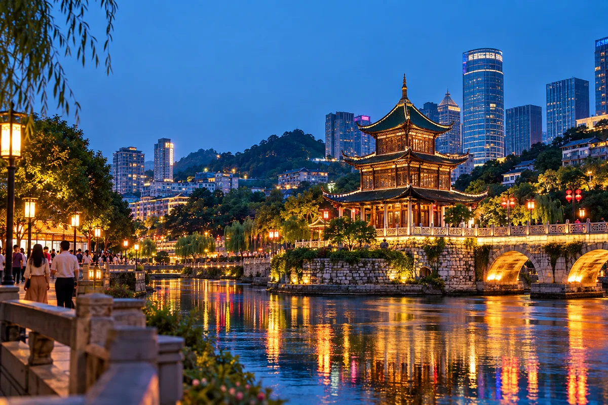 A generated Guiyang riverside scene with Jiaxiu Pavilion, lanterns and contemporary buildings.
