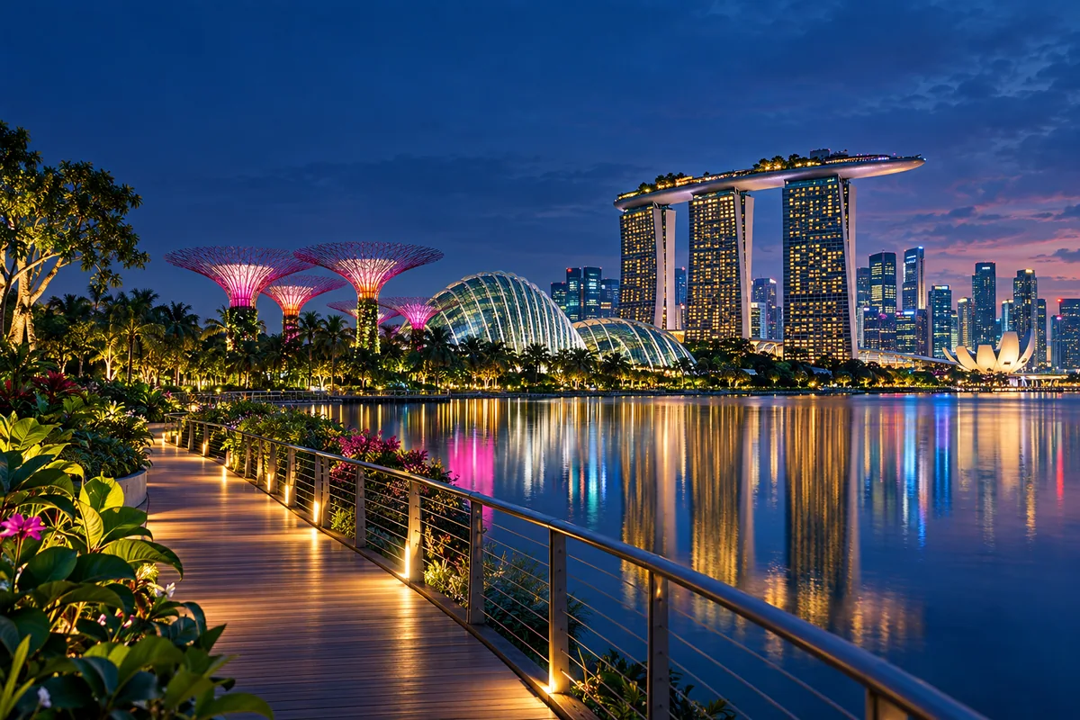 Singapore-inspired architecture and tropical gardens reflected in water at blue hour.