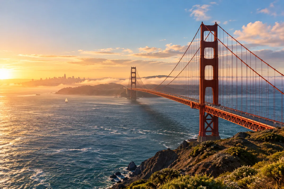 The Golden Gate Bridge above blue water and mist in warm dawn light.