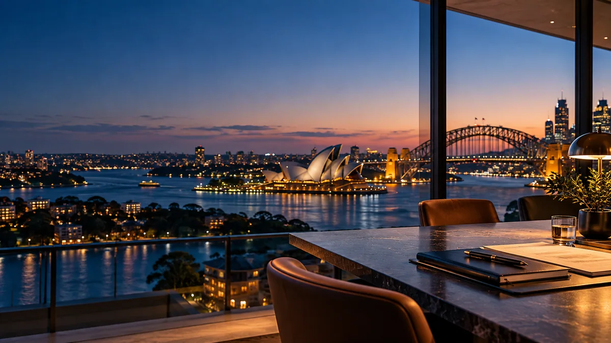A prepared worktable overlooking a generated Sydney Harbour view at dusk.