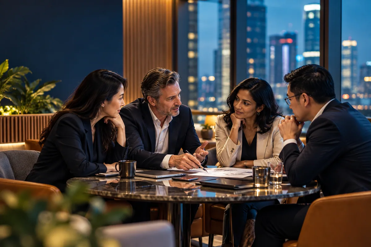 Illustrative scene: Four business professionals discussing a shared decision around a table.