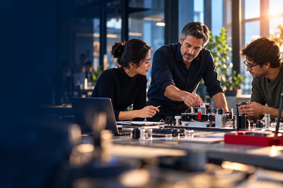 Illustrative scene: Three professionals examining a working technology prototype together.