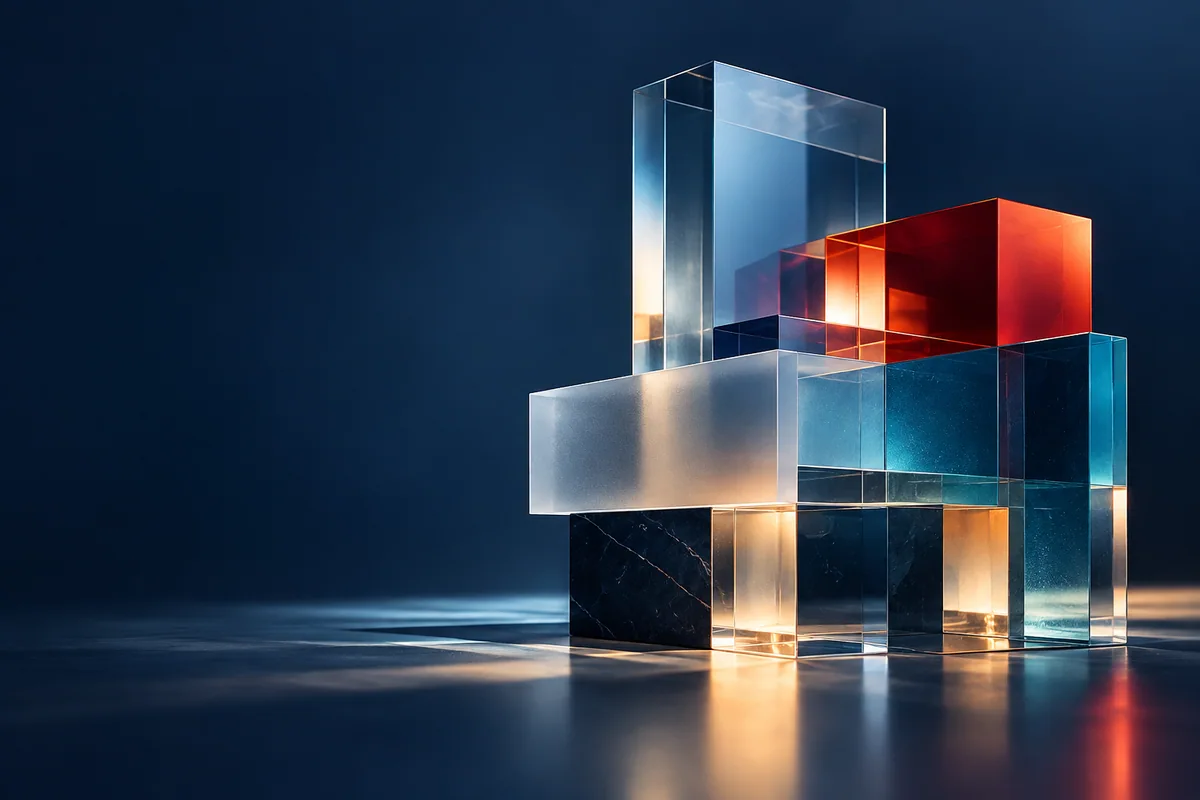 Translucent architectural forms aligned into a balanced structure.