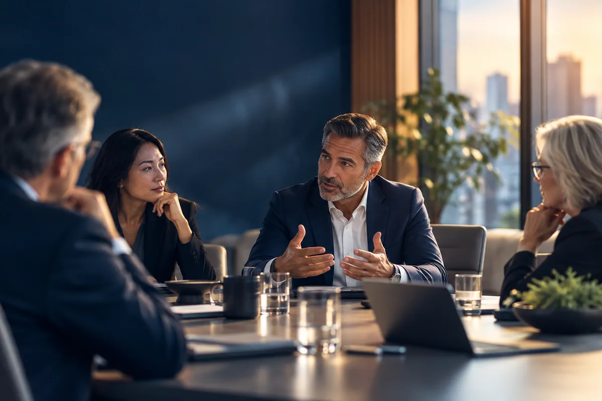 Illustrative scene: Experienced professionals listening and contributing during a board discussion.