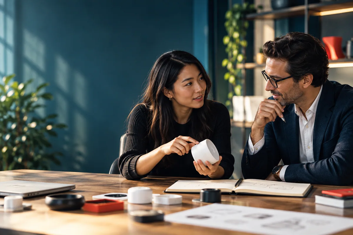 Illustrative scene: Two professionals discussing a product prototype at a worktable.