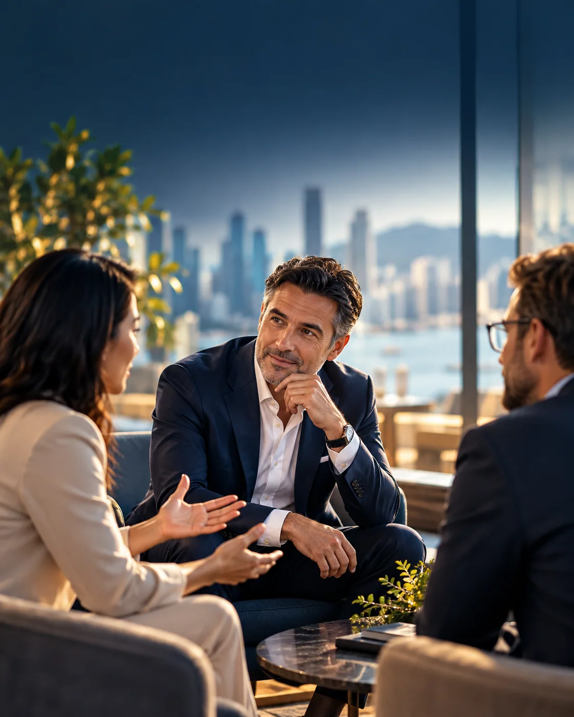 Illustrative scene: A senior professional listening attentively to colleagues.