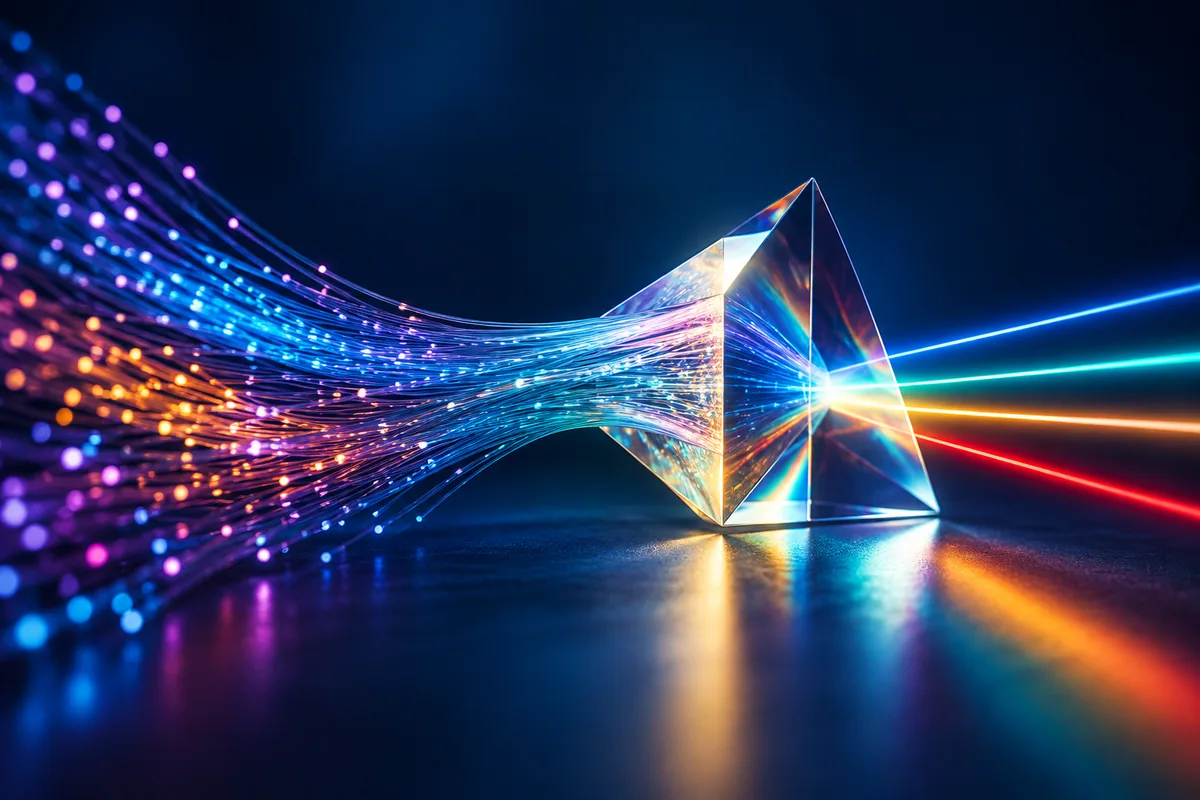 Luminous fibres converge through a glass prism into a small set of focused light paths.