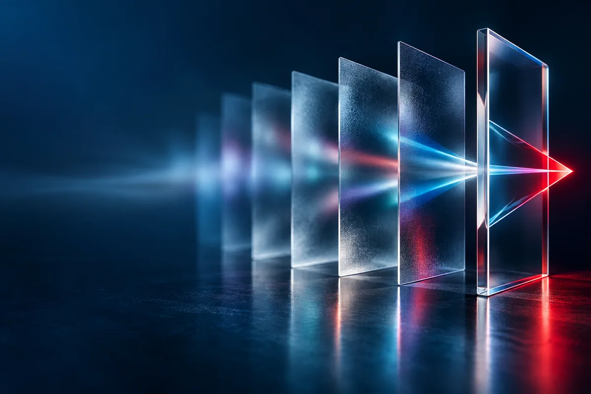Light resolves through frosted glass planes into a clear red-edged form.