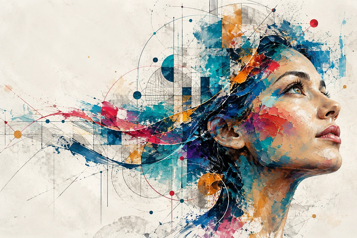 Mixed-media artwork combining a woman's profile, fine geometric lines and vivid pigment.