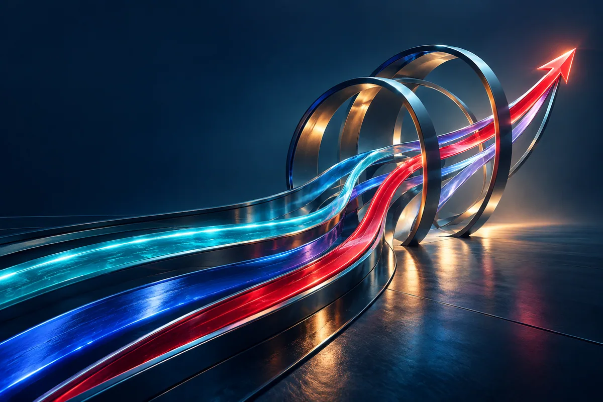 Coloured light paths flow through a metal framework toward an upward red arrow.