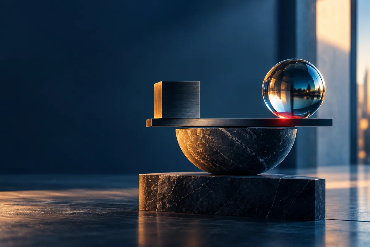 Stone, metal and glass forms held in a precise balanced arrangement.