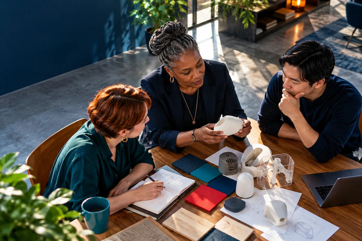 Illustrative scene: A cross-functional team examines product prototypes and records observations.