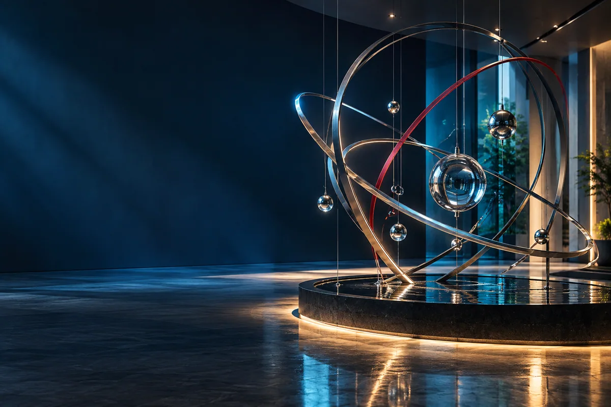 A conceptual installation of curved metal arcs and suspended optical spheres.