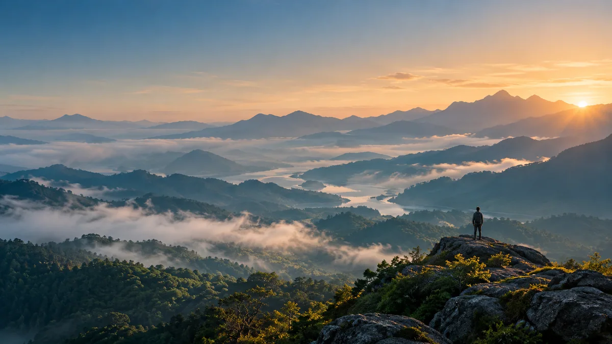 A small observer looks across forested mountains and morning mist.
