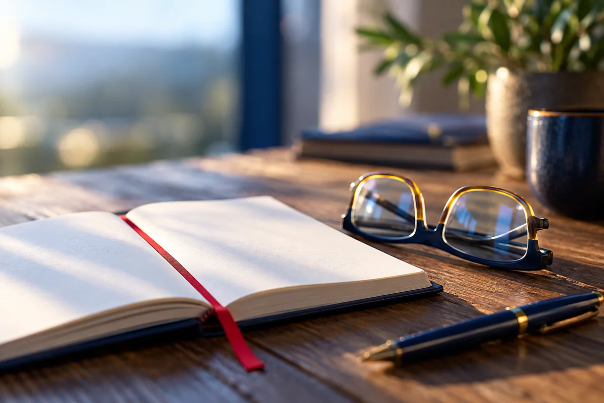 Reading glasses beside a blank notebook in warm daylight.