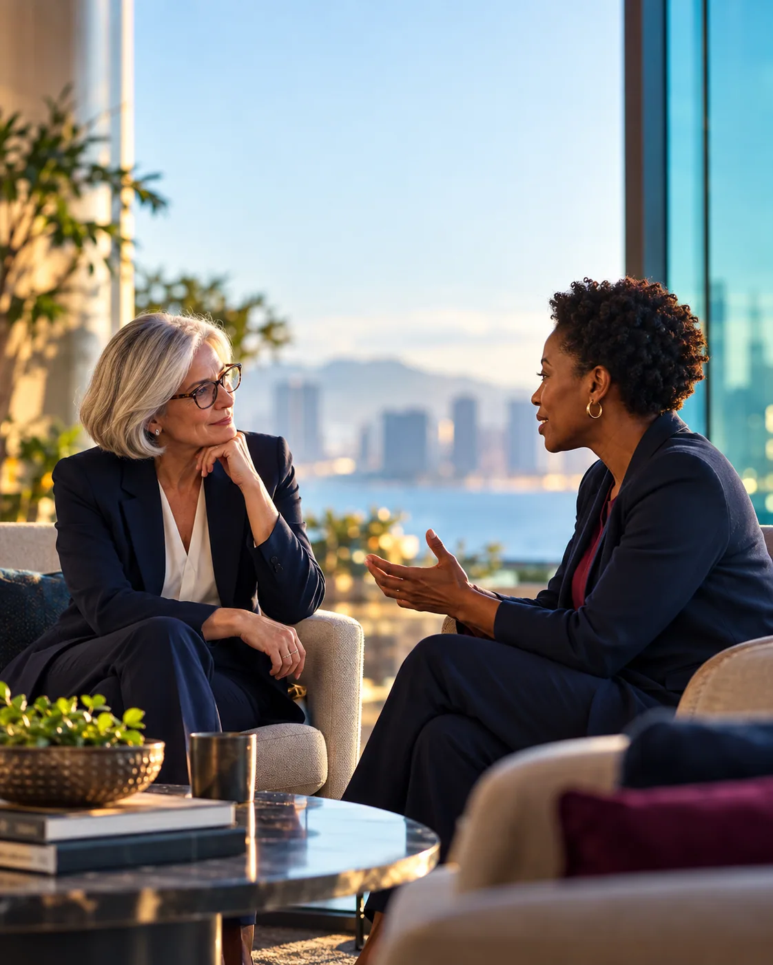 Illustrative scene: Two professionals listening and speaking thoughtfully in a quiet setting.