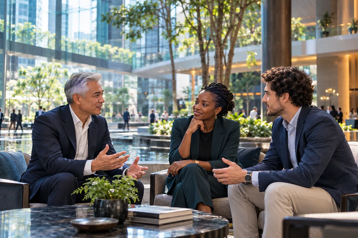 Illustrative scene: Three professionals exchange perspectives in a bright public atrium.